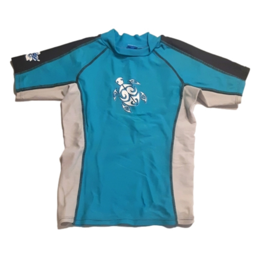 Girls waterskin/rashguard swim top size Medium blue white brown turtle hibiscus